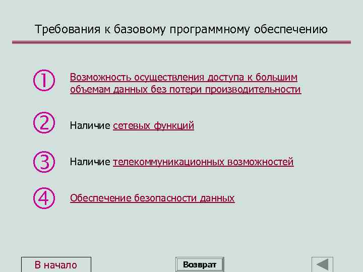 Требования к базовому программному обеспечению Возможность осуществления доступа к большим объемам данных без потери