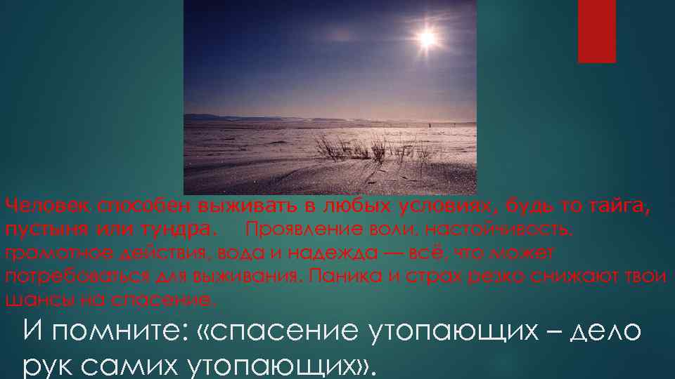 Человек способен выживать в любых условиях, будь то тайга, пустыня или тундра. Проявление воли,