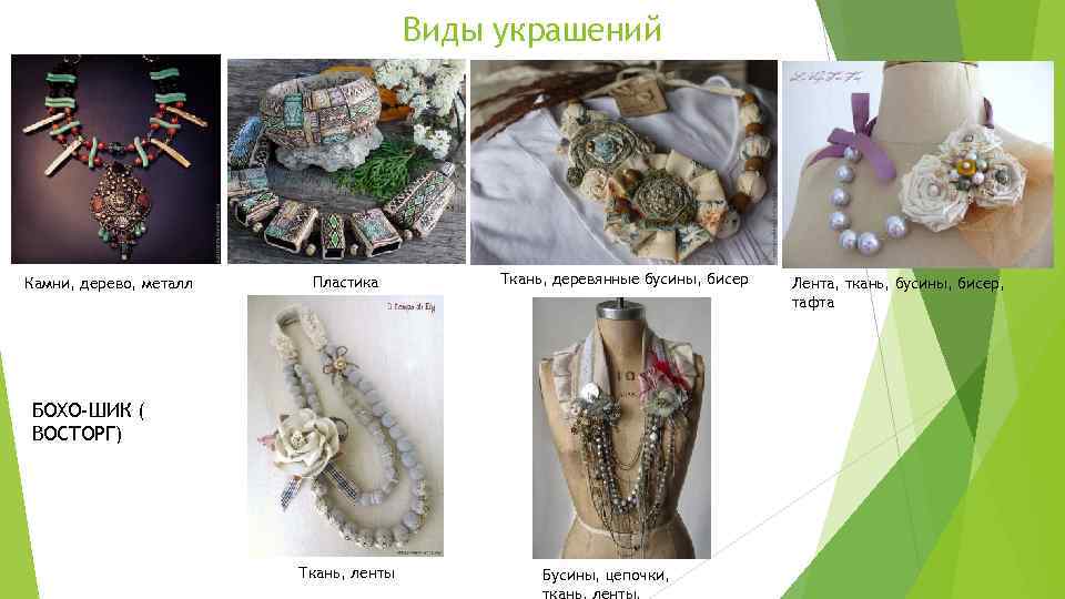 Виды украшений Камни, дерево, металл Пластика Ткань, деревянные бусины, бисер БОХО-ШИК ( ВОСТОРГ) Ткань,
