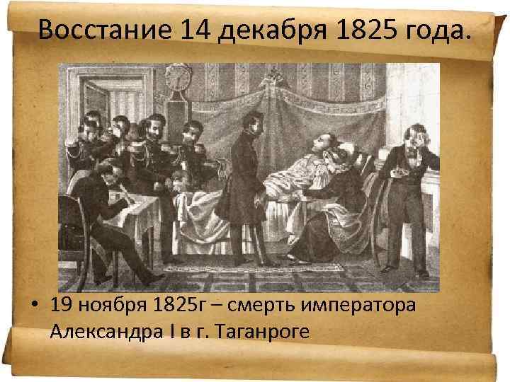 Восстание 14 декабря 1825 года. • 19 ноября 1825 г – смерть императора Александра