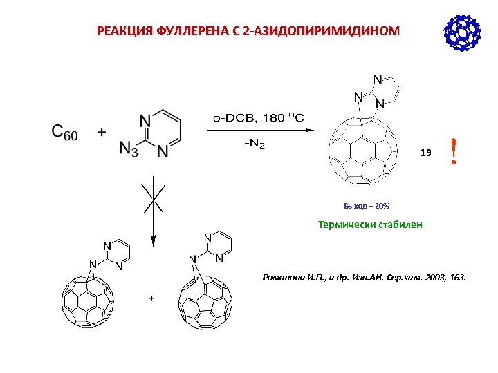 РЕАКЦИЯ ФУЛЛЕРЕНА С 2 -АЗИДОПИРИМИДИНОМ 19 ! Выход – 20% Термически стабилен Романова И.