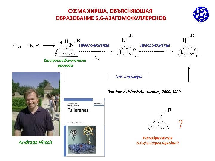 СХЕМА ХИРША, ОБЪЯСНЯЮЩАЯ ОБРАЗОВАНИЕ 5, 6 -АЗАГОМОФУЛЛЕРЕНОВ Предположение Синхронный механизм распада Есть примеры Reuther