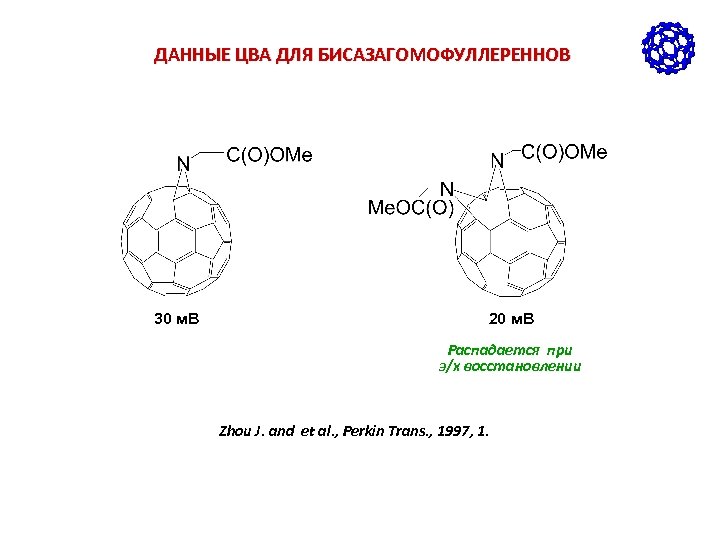 ДАННЫЕ ЦВА ДЛЯ БИСАЗАГОМОФУЛЛЕРЕННОВ 30 м. В 20 м. В Распадается при э/х восстановлении