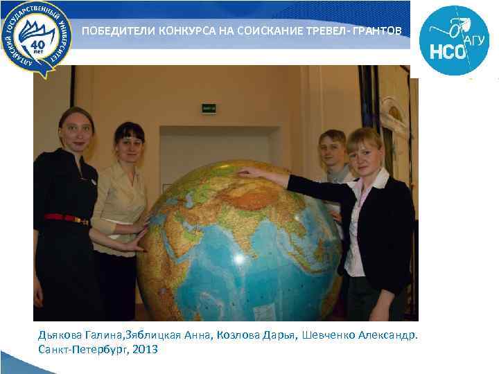ПОБЕДИТЕЛИ КОНКУРСА НА СОИСКАНИЕ ТРЕВЕЛ- ГРАНТОВ Дьякова Галина, Зяблицкая Анна, Козлова Дарья, Шевченко Александр.