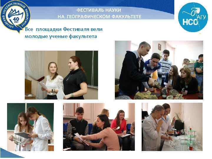 ФЕСТИВАЛЬ НАУКИ НА ГЕОГРАФИЧЕСКОМ ФАКУЛЬТЕТЕ Все площадки Фестиваля вели молодые ученые факультета 