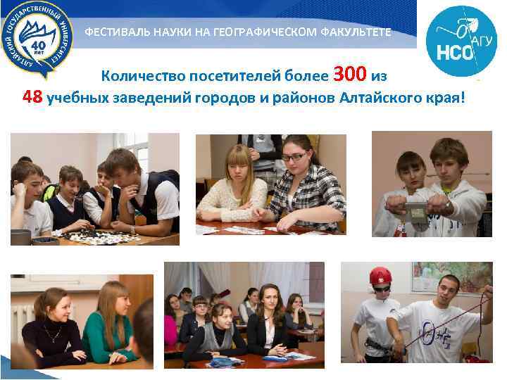 ФЕСТИВАЛЬ НАУКИ НА ГЕОГРАФИЧЕСКОМ ФАКУЛЬТЕТЕ Количество посетителей более 300 из 48 учебных заведений городов