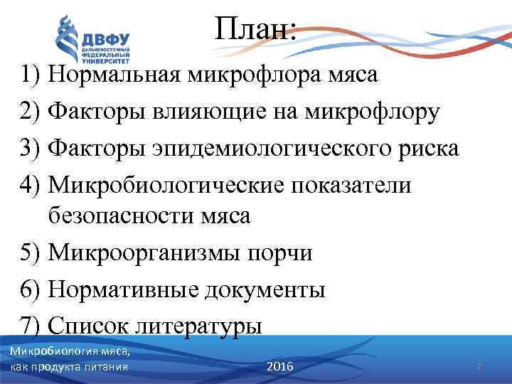 План: 1) Нормальная микрофлора мяса 2) Факторы влияющие на микрофлору 3) Факторы эпидемиологического риска