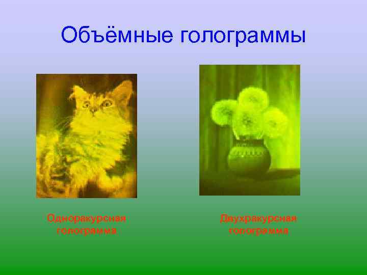 Объёмные голограммы Одноракурсная голограмма Двухракурсная голограмма 