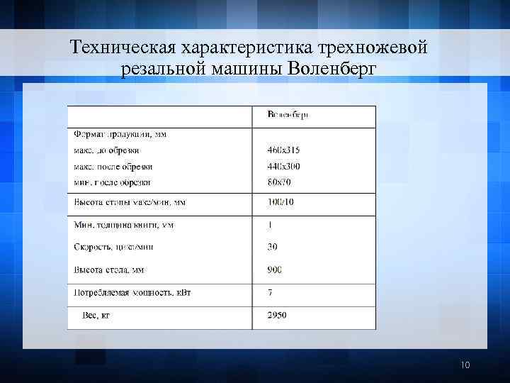 Техническая характеристика трехножевой резальной машины Воленберг 10 