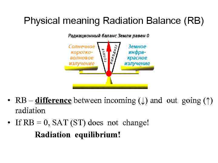 Physical meaning Radiation Balance (RB) • RB – difference between incoming (↓) and out