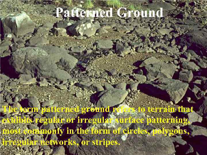 Patterned Ground The term patterned ground refers to terrain that exhibits regular or irregular