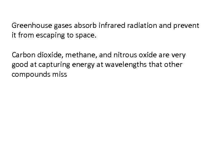 Greenhouse gases absorb infrared radiation and prevent it from escaping to space. Carbon dioxide,