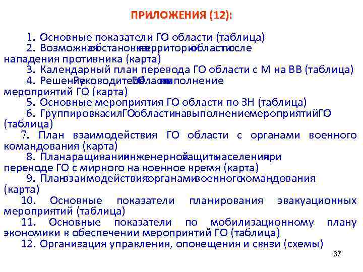 ПРИЛОЖЕНИЯ (12): 1. Основные показатели ГО области (таблица) 2. Возможная обстановка на территории области