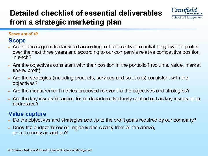 Detailed checklist of essential deliverables from a strategic marketing plan Score out of 10