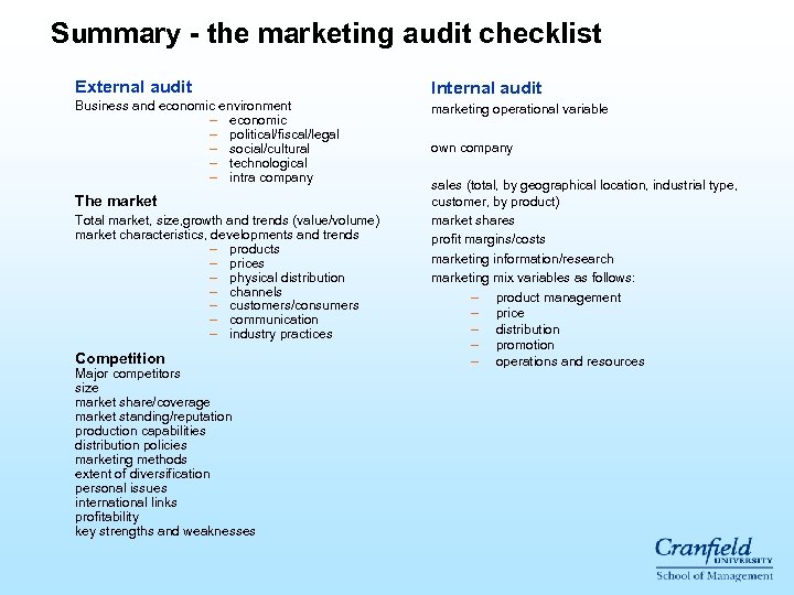 Summary - the marketing audit checklist External audit Internal audit Business and economic environment