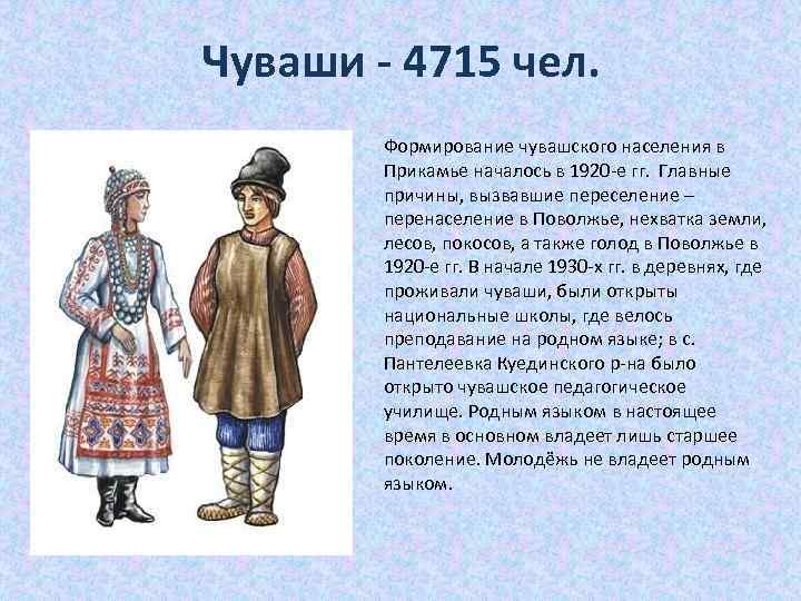 Чуваши - 4715 чел. Формирование чувашского населения в Прикамье началось в 1920 -е гг.