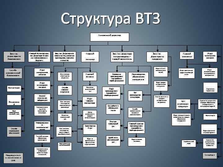 Структура ВТЗ Генеральный директор Зам. ген. Директора по безопасности Служба экономической безопасности Бухгалтерия Финансовы