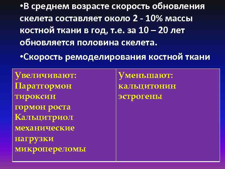  • В среднем возрасте скорость обновления скелета составляет около 2 - 10% массы