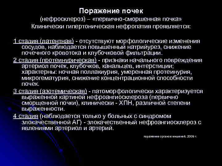 Поражение почек (нефросклероз) – «первично-сморшенная почка» Клинически гипертоническая нефропатия проявляется: 1 стадия (латентная) -