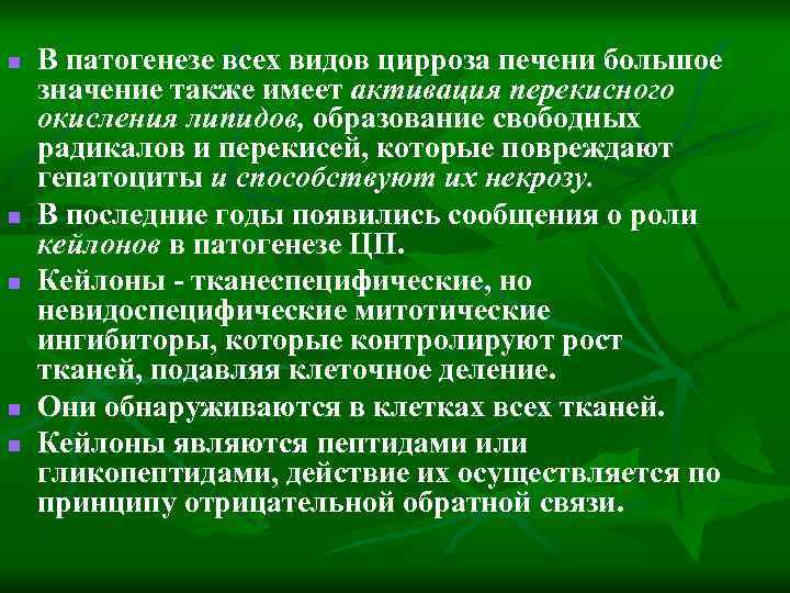 n n n В патогенезе всех видов цирроза печени большое значение также имеет активация