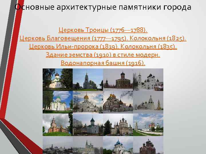 Основные архитектурные памятники города Церковь Троицы (1776— 1788). Церковь Благовещения (1777— 1795). Колокольня (1825).