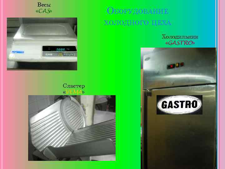 Весы «CAS» ОБОРУДОВАНИЕ ХОЛОДНОГО ЦЕХА Холодильник «GASTRO» Сластер «VEMA» 