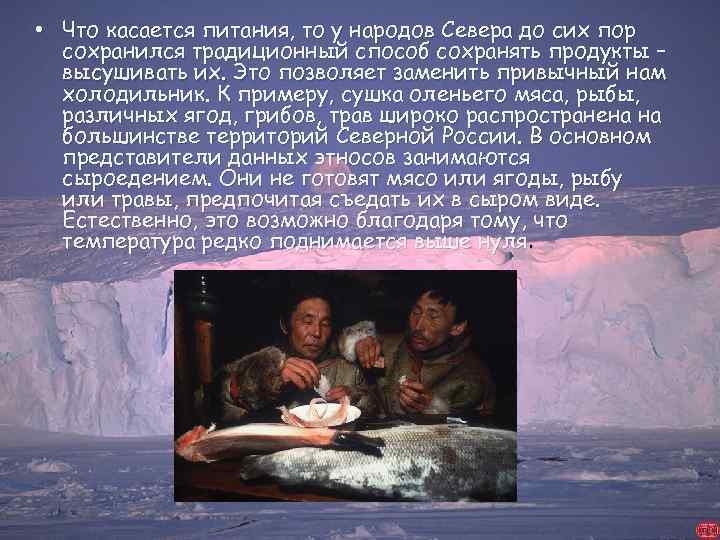  • Что касается питания, то у народов Севера до сих пор сохранился традиционный