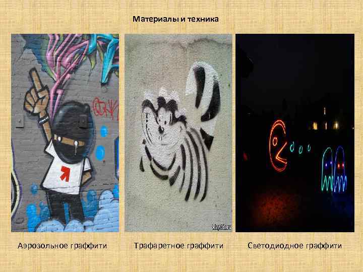 Материалы и техника Аэрозольное граффити Трафаретное граффити Светодиодное граффити 