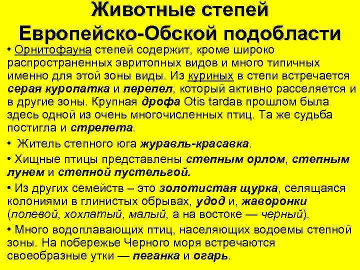 Животные степей Европейско-Обской подобласти • Орнитофауна степей содержит, кроме широко распространенных эвритопных видов и