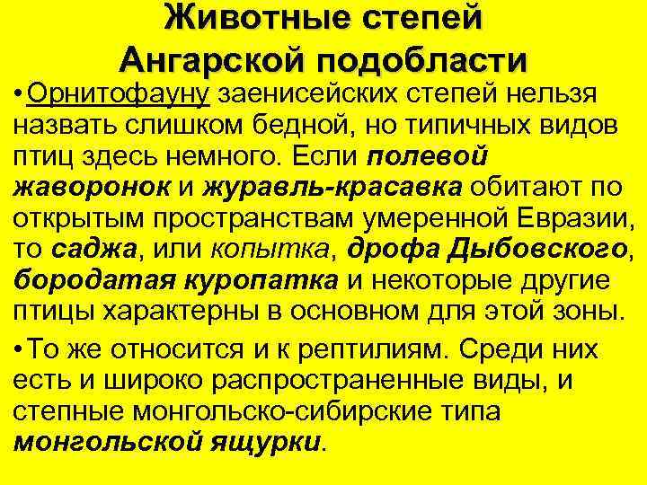 Животные степей Ангарской подобласти • Орнитофауну заенисейских степей нельзя назвать слишком бедной, но типичных