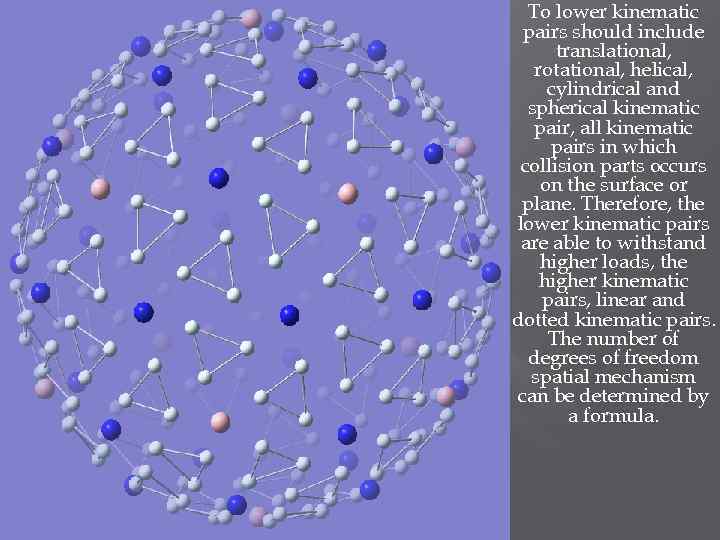 To lower kinematic pairs should include translational, rotational, helical, cylindrical and spherical kinematic pair,