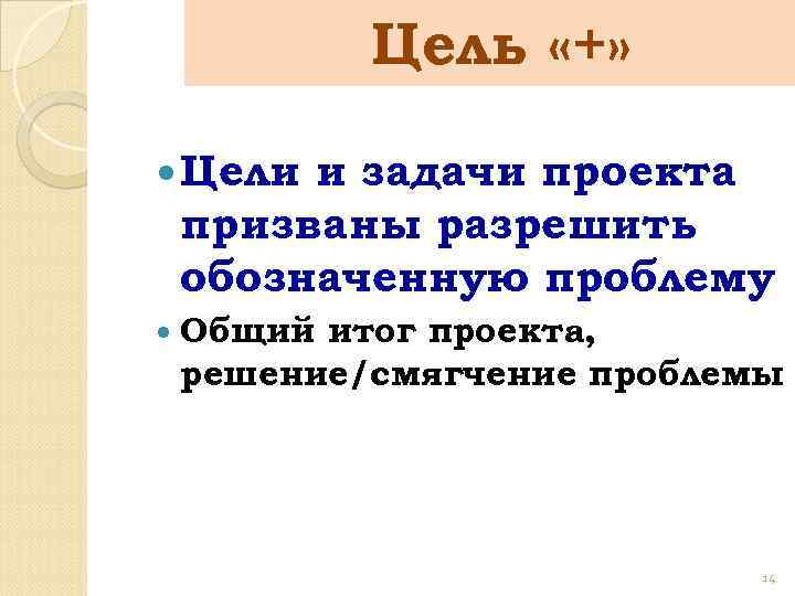 Цель «+» Цели и задачи проекта призваны разрешить обозначенную проблему Общий итог проекта, решение/смягчение