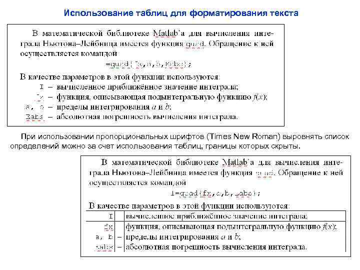 Использование таблиц для форматирования текста При использовании пропорциональных шрифтов (Times New Roman) выровнять список