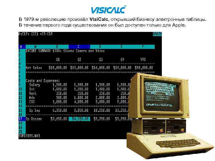 В 1979 м революцию произвёл Visi. Calc, открывший бизнесу электронные таблицы. В течение первого