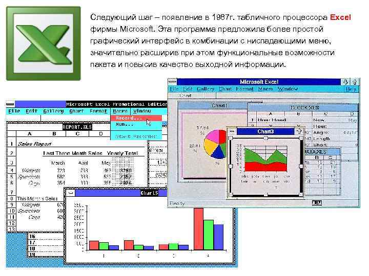 Следующий шаг – появление в 1987 г. табличного процессора Excel фирмы Microsoft. Эта программа