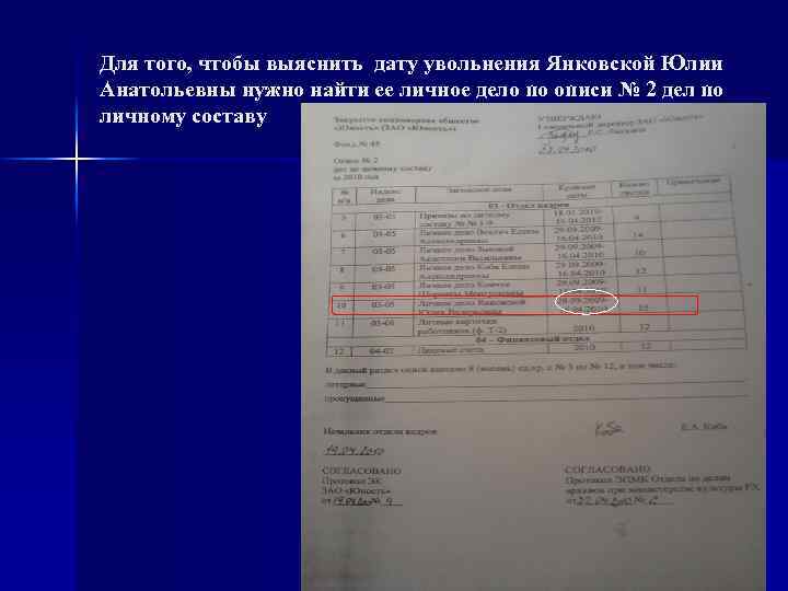 Для того, чтобы выяснить дату увольнения Янковской Юлии Анатольевны нужно найти ее личное дело