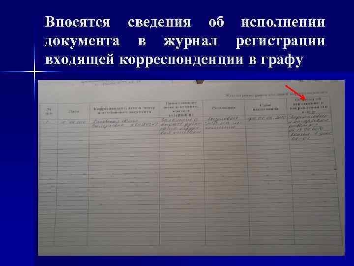 Вносятся сведения об исполнении документа в журнал регистрации входящей корреспонденции в графу 