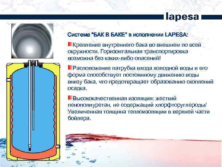 Система “БАК В БАКЕ” в исполнении LAPESA: Крепление внутреннего бака во внешнем по всей