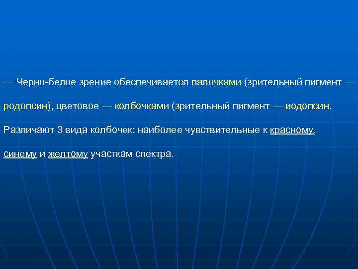 — Черно белое зрение обеспечивается палочками (зрительный пигмент — родопсин), цветовое — колбочками (зрительный