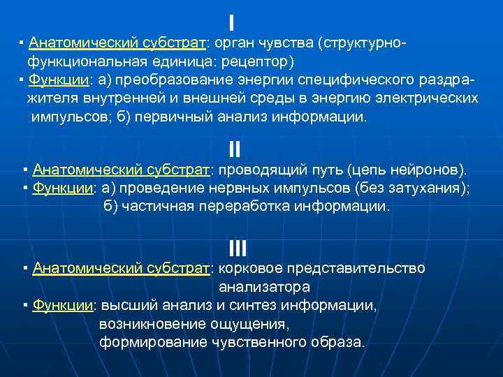 I ▪ Анатомический субстрат: орган чувства (структурно функциональная единица: рецептор) ▪ Функции: а) преобразование