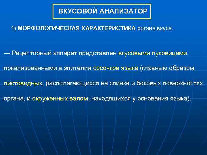 ВКУСОВОЙ АНАЛИЗАТОР 1) МОРФОЛОГИЧЕСКАЯ ХАРАКТЕРИСТИКА органа вкуса. — Рецепторный аппарат представлен вкусовыми луковицами, локализованными