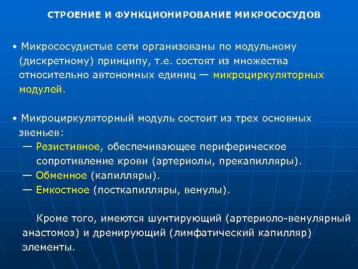 СТРОЕНИЕ И ФУНКЦИОНИРОВАНИЕ МИКРОСОСУДОВ • Микрососудистые сети организованы по модульному (дискретному) принципу, т. е.
