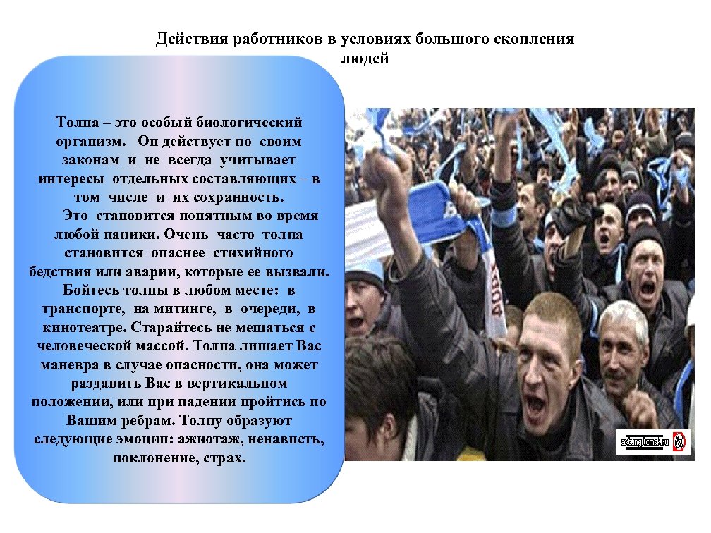 Действия работников в условиях большого скопления людей Толпа – это особый биологический организм. Он