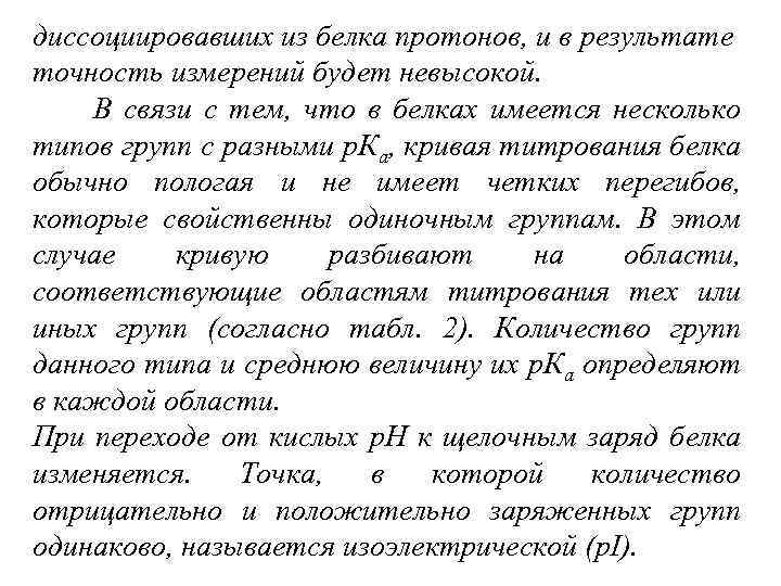 диссоциировавших из белка протонов, и в результате точность измерений будет невысокой. В связи с