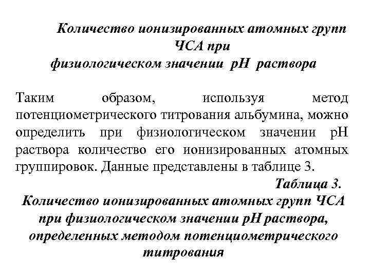 Количество ионизированных атомных групп ЧСА при физиологическом значении р. Н раствора Таким образом, используя