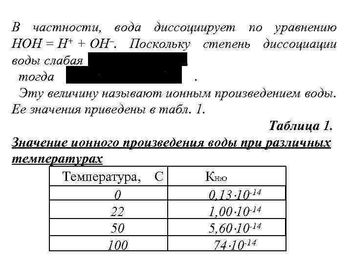 В частности, вода диссоциирует по уравнению НОН = Н+ + ОН–. Поскольку степень диссоциации