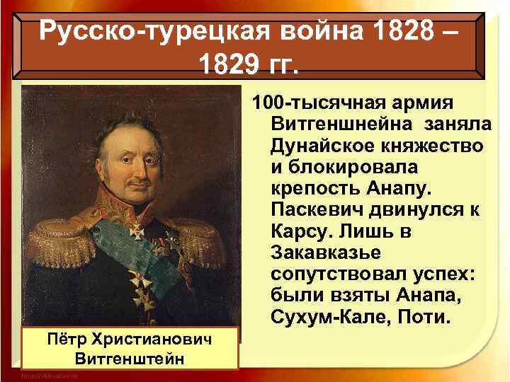 Русско-турецкая война 1828 – 1829 гг. 100 -тысячная армия Витгеншнейна заняла Дунайское княжество и