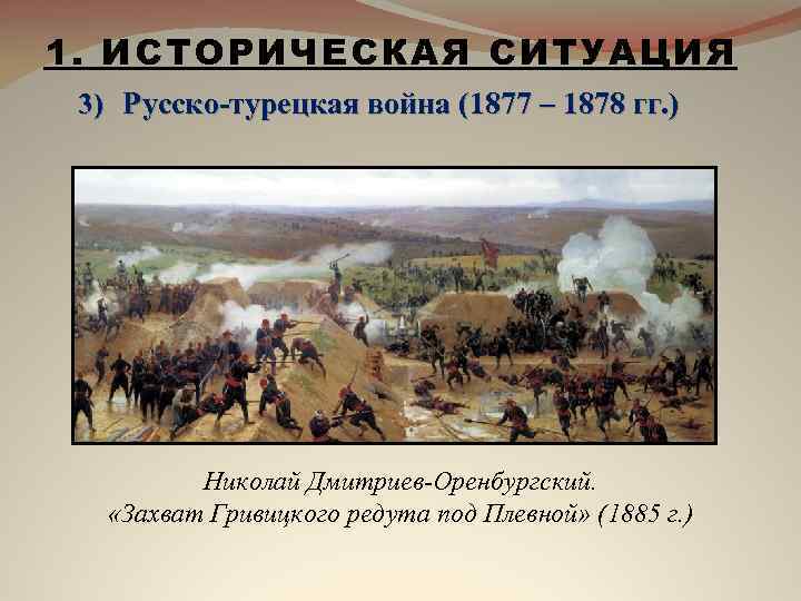 1. ИСТОРИЧЕСКАЯ СИТУАЦИЯ 3) Русско-турецкая война (1877 – 1878 гг. ) Николай Дмитриев-Оренбургский. «Захват
