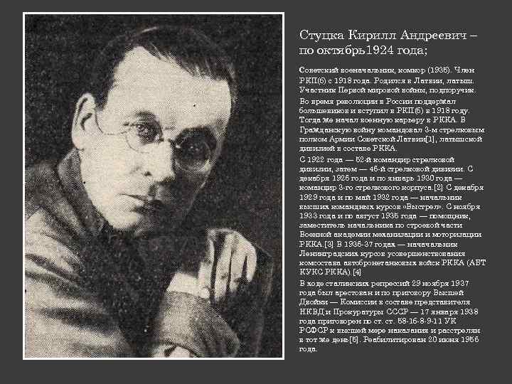 Стуцка Кирилл Андреевич – по октябрь1924 года; советский военачальник, комкор (1935). Член РКП(б) с