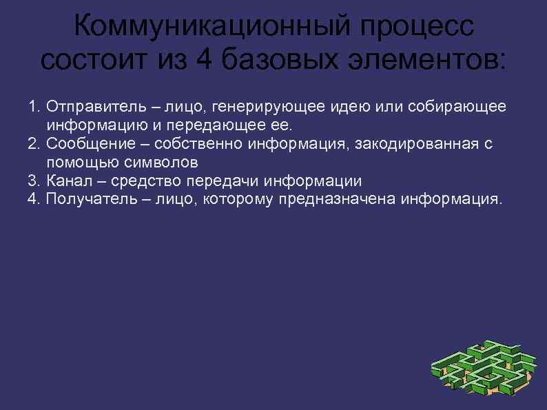 Коммуникационный процесс состоит из 4 базовых элементов: 1. Отправитель – лицо, генерирующее идею или